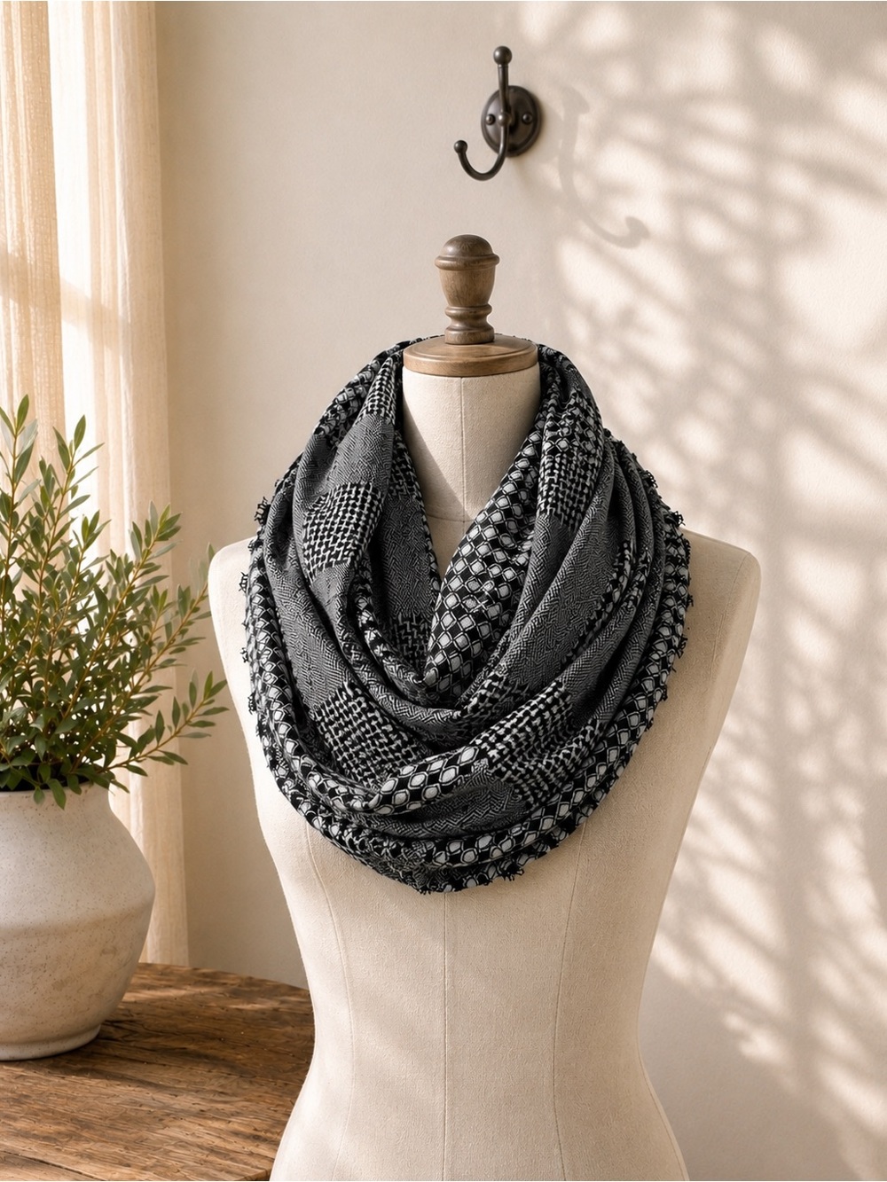 Made in Jordan Gray & Black Woven Infinity Scarf Geometric Pattern